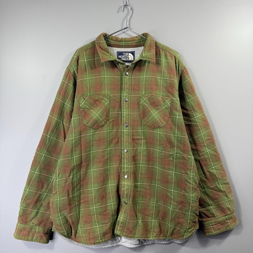 The North Face Shirt Jacket Mens XL Green Plaid Flannel Quilted Lined Snap Front